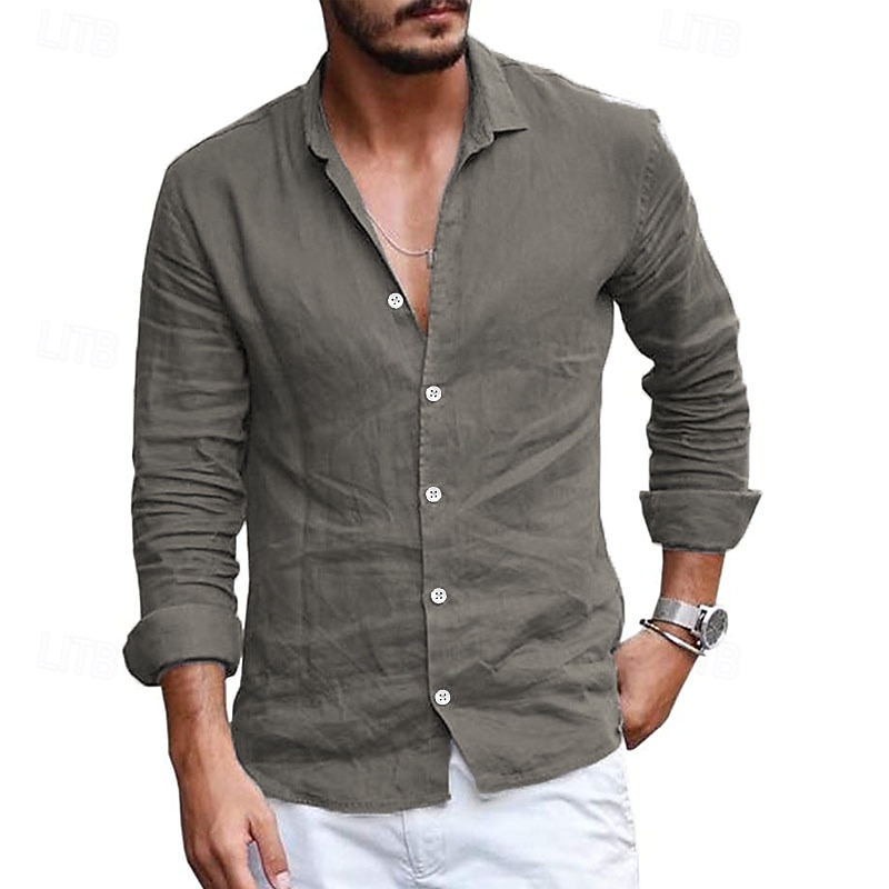 Men's Linen Shirt Summer Shirt Beach Wear Casual Shirt Button Up Shirt Plain Casual Daily Black White Light Sky Blue Gray Long Sleeve Camp Collar Spring & Summer Clothing Apparel