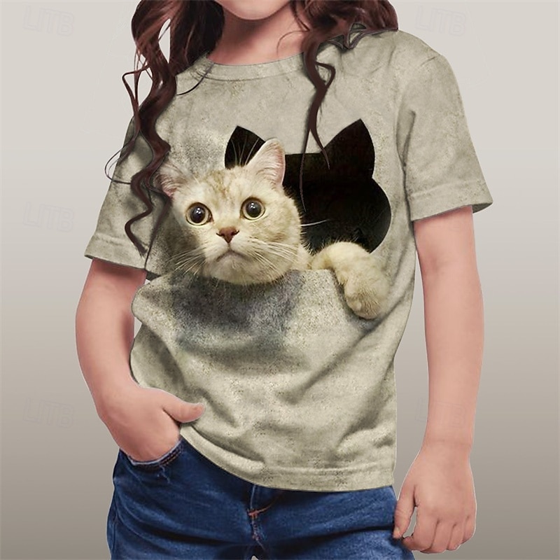 Girls' 3D Graphic Animal Cat Tee Short Sleeve Summer Spring Fashion Basic Kids 4-12 Years Crew Neck Outdoor Casual Daily Regular Fit3