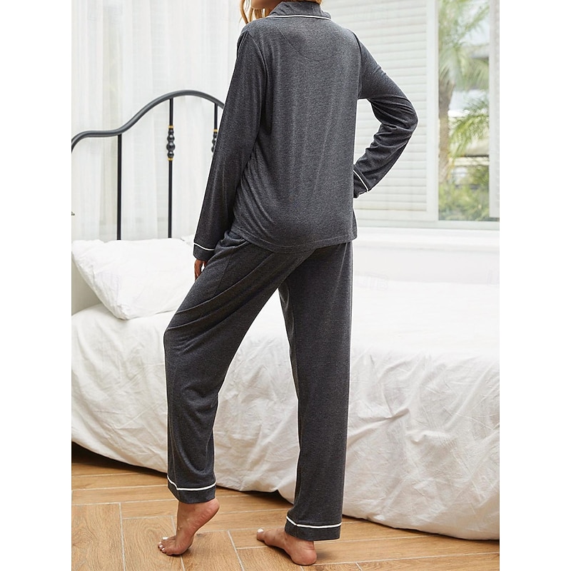 Women's Pajamas Sets Pure Color Fashion Basic Comfort Home Daily Bed Breathable Lapel Long Sleeve Shirt Pant Button Pocket Fall Winter Home Outfits 12
