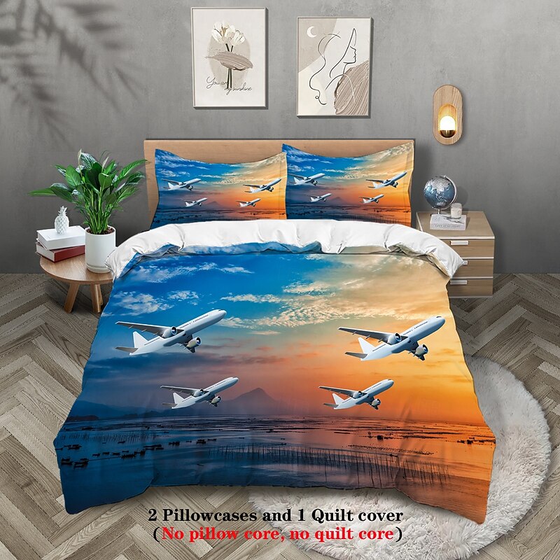 Sunset Sunset Civil Aviation Aircraft Printed 3-Piece Down Quilt Set Hotel Bedroom Guest Room Luxury Bedding Comfortable Set 1 Down Quilt Set 2 Pillowcases Queen Bed Set 2 Piece Set 3 Pie