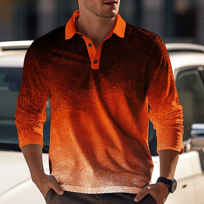 Men's Geometric Waffle Polo Shirts Golf Shirt Long Sleeve Polo Shirts Collared Shirts Casual Vacation Wear Formal Wear Festival Wear Buttons 3D Print Spring Fall & Winter Black Blue Orange4