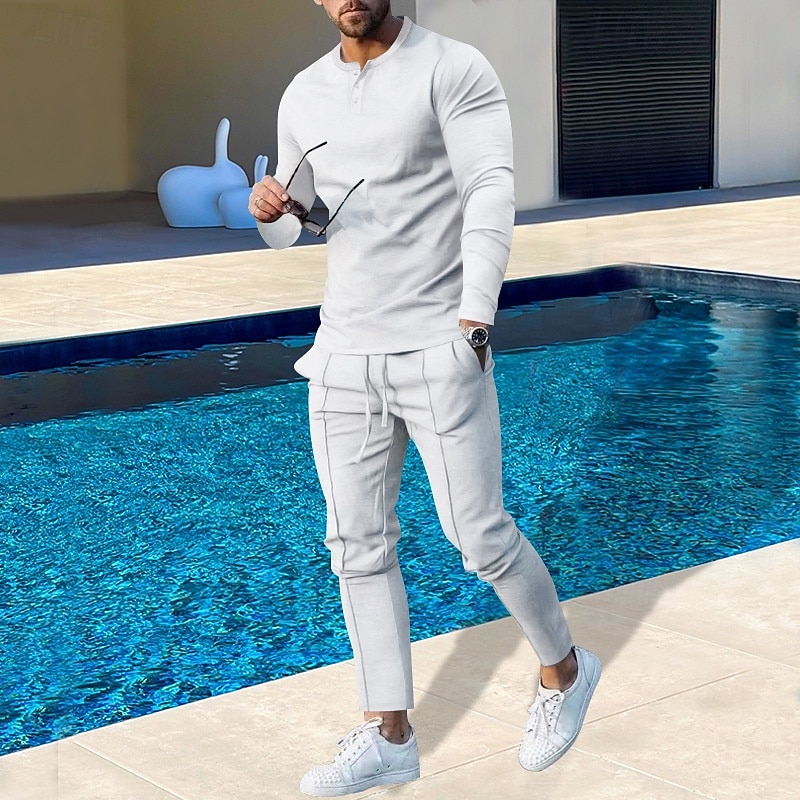 Men's Plain Basic Sweatshirts Sweatshirt Tracksuit Sweatsuit Long Sleeve Sweatshirt Henley Streetwear Basic Casual Sports & Outdoor Daily Holiday 2 Piece Spring &  Fall