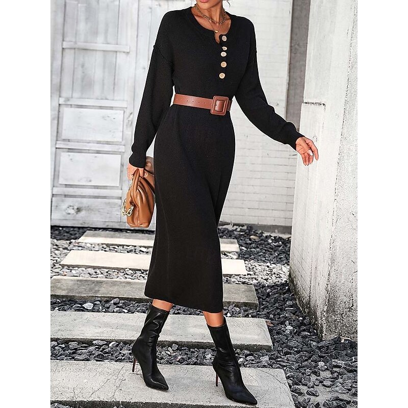 Women's Sweater Dress Elegant Fashion Casual Solid Color Crew Neck Knitted Long Sleeve Long Tops Knit Work Black Purple Fall Winter2