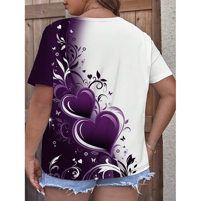 Women's Plus Size T Shirt Tops Tee Heart Short Sleeve Crew Neck Casual Daily Spring Fall Purple2