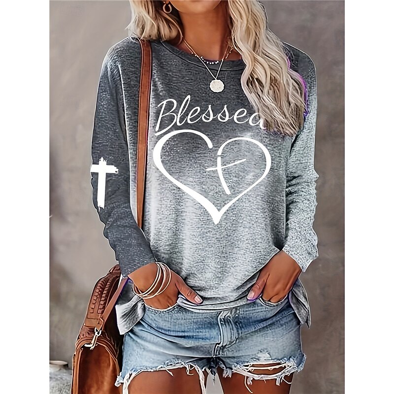 Women's T shirt Crew Neck Long Sleeve Tunic Casual Print Regular Tops Daily Pink Purple Gray Spring Fall