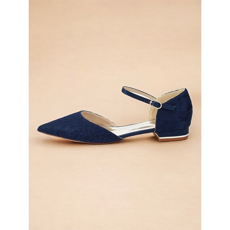 Women's Navy Blue Lace Flats with Ankle Strap and Pointed Toe - Elegant Wedding and Evening Shoes3