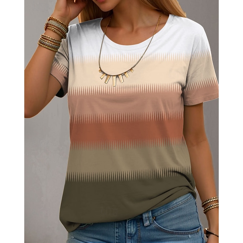 Women's T Shirt Casual Ombre Color Block Print Short Sleeve Regular Tops Round Neck Daily Brown Summer