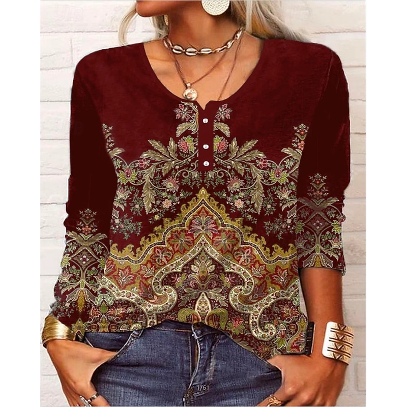 Women's T Shirt Floral Fashion Long Sleeve Round Neck Regular Tops Daily Weekend Buttons Print Black Wine Blue Green Spring &  Fall4