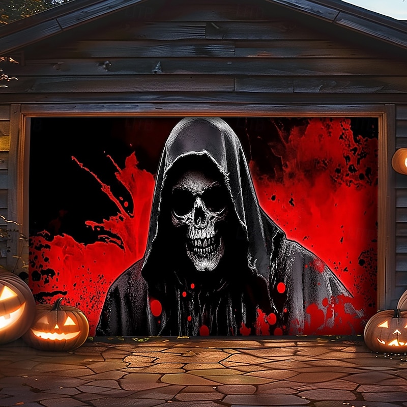 Halloween Door Decorations Outdoor Halloween Garage Door Cover Skeletons Banner Large Tapestry Backdrop Decoration for Holiday Outdoor Garage Door Home Wall Decorations 16