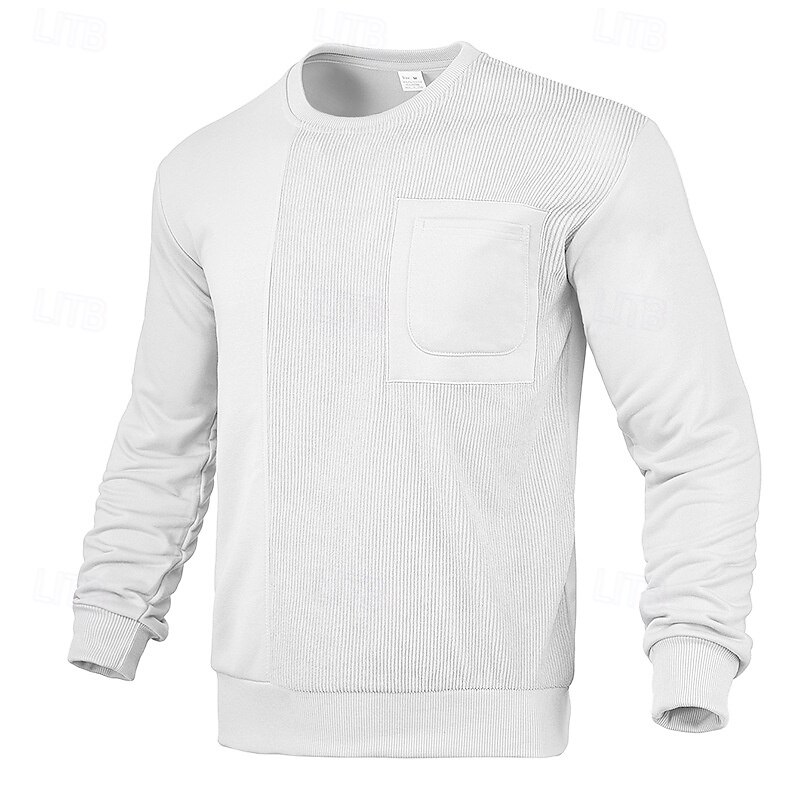Men's Sweatshirt Black White Khaki Dark Gray Crew Neck Plain Patchwork Ribbed Front Pocket Sports & Outdoor Daily Holiday Polyester Corduroy Streetwear Basic Casual Fall & Winter Clothing Apparel4