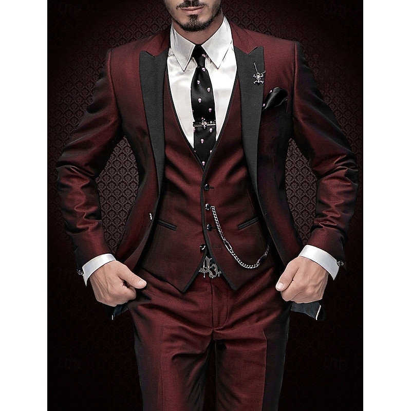 Men's Wedding Party Suits Peak Black Burgundy Daily Business Solid Colored Plus Size 3 Piece Single Breasted One-button