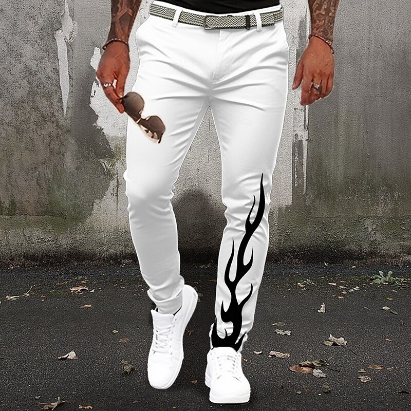 Men's Dress Pants Pocket 3D Print Buttons Hellfire Flames Flame Halloween Costumes Full Length Formal Business Casual White Inelastic