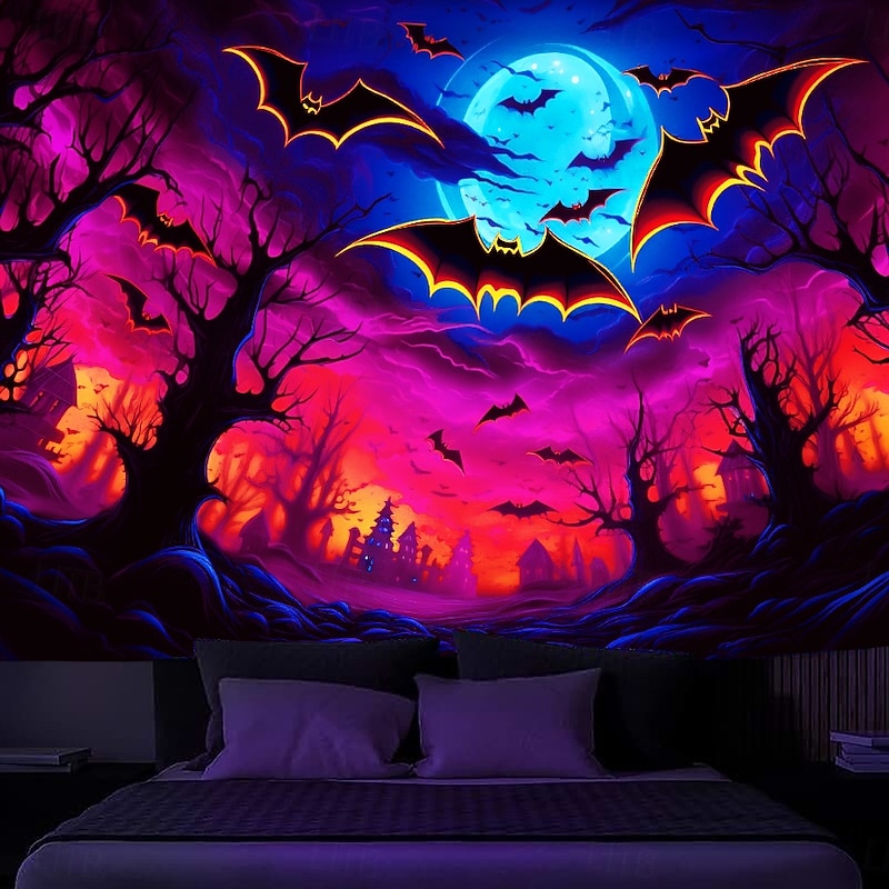 Halloween Decorations Blacklight Tapestry UV Reactive Glow in the Dark Glow Party Skeleton Cuffin Psychedelic Trippy Misty Hanging Tapestry Wall Art Mural for Living Room Bedroom
