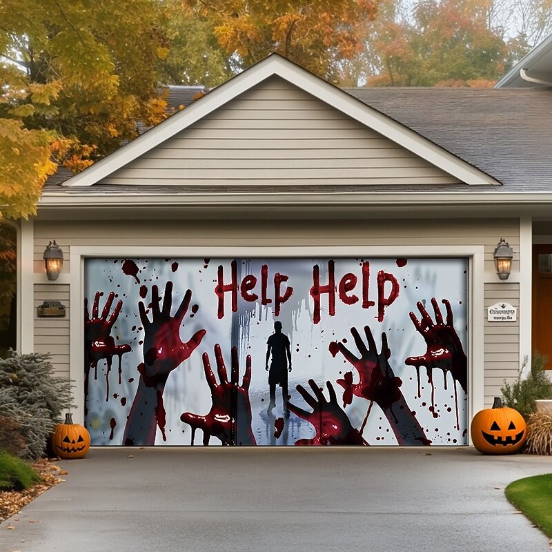 Halloween Door Decorations Outdoor Halloween Garage Door Cover Bloody Hands Banner Scary Castle Large Backdrop Decoration for Holiday Outdoor Garage Door Home Wall Decorations