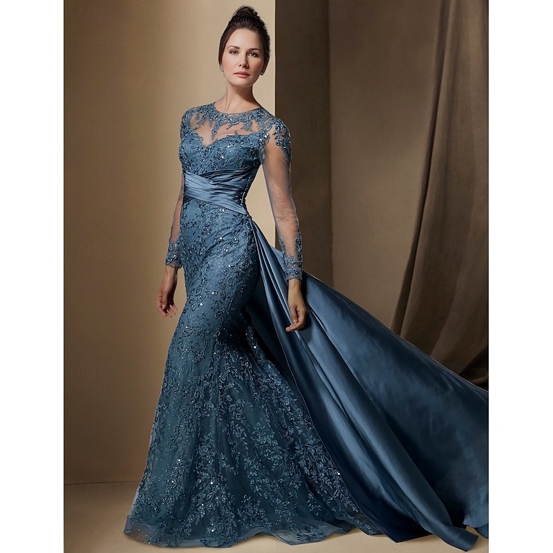Mermaid Chrismas Dress Mother of the Bride Dress Wedding Guest Elegant Jewel Neck Sweep / Brush Train Stretch Satin Long Sleeve with Lace Sequin Ruching dress to impress4