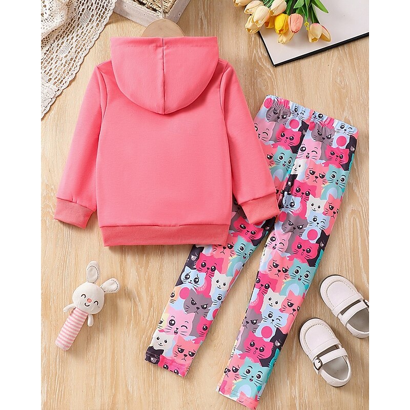 Girls' 3D Cartoon Cat Sports Suit Hoodie Set Tracksuits Long Sleeve Spring Fall Daily Casual Comfort Kids 4 years+ Hooded Outdoor Vacation Sports Tailored Fit4