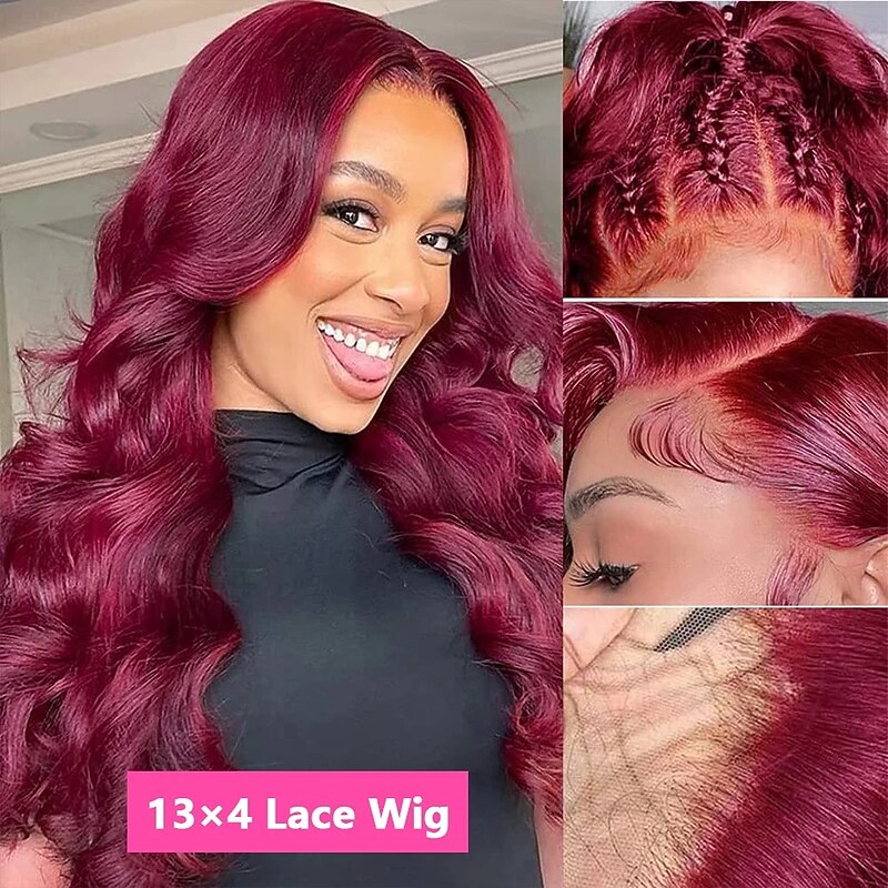Remy Human Hair 13x4 Lace Front Wig Free Part Vietnamese Hair Body Wave Natural Straight Burgundy Wig 150% Density with Baby Hair Glueless Pre-Plucked For wigs for black women Long Human Hair Lace Wig4