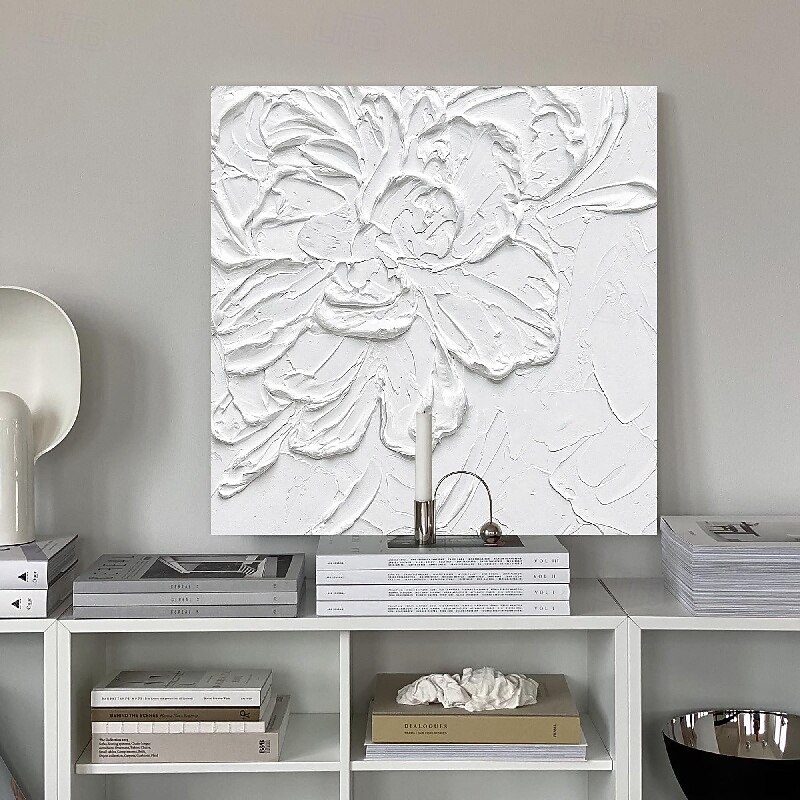 3D White Flower oil painting Hand-Painted Thick Texture Oil Painting Beige White Painting On Canvas Abstract Textured oil painting for Wall Art painting for Living Room artwork3