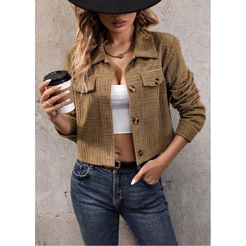 Women's Jacket Party Button Solid Color Windproof Vintage Regular Fit Outerwear Long Sleeve Fall khaki S