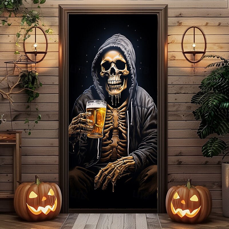 Halloween Door Decorations Door Covers Skeleton Door Tapestry Beer Drinking Door Curtain Decoration Backdrop Door Banner for Front Door Farmhouse Holiday Party Indoor Outdoor Decor Supplies4