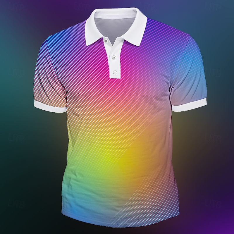 Men's Rainbow Hawaiian Polo Shirts Golf Shirt Short Sleeve Polo Shirts Collared Shirts Beach Wear Vacation Wear Party Outfits Buttons 3D Print Summer Multi Color