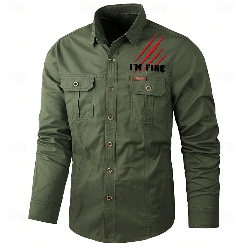 Men's Letter Printed Work Shirt Western Shirt Cargo Shirt Long Sleeve Casual Tactical Sports & Outdoor Going out Winter Spring &  Fall Turndown Print Black Army Green Khaki Beige4