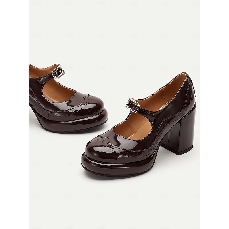 Women's Brown Patent Leather Mary Jane Block Heel Pumps with Brogue Detailing - Vintage-Inspired Dress Shoes for Office and Evening Wear4