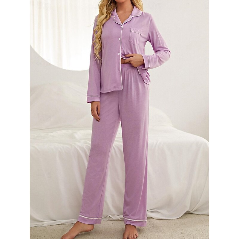 Women's Pajamas Sets Pure Color Fashion Basic Comfort Home Daily Bed Breathable Lapel Long Sleeve Shirt Pant Button Pocket Fall Winter Home Outfits 6