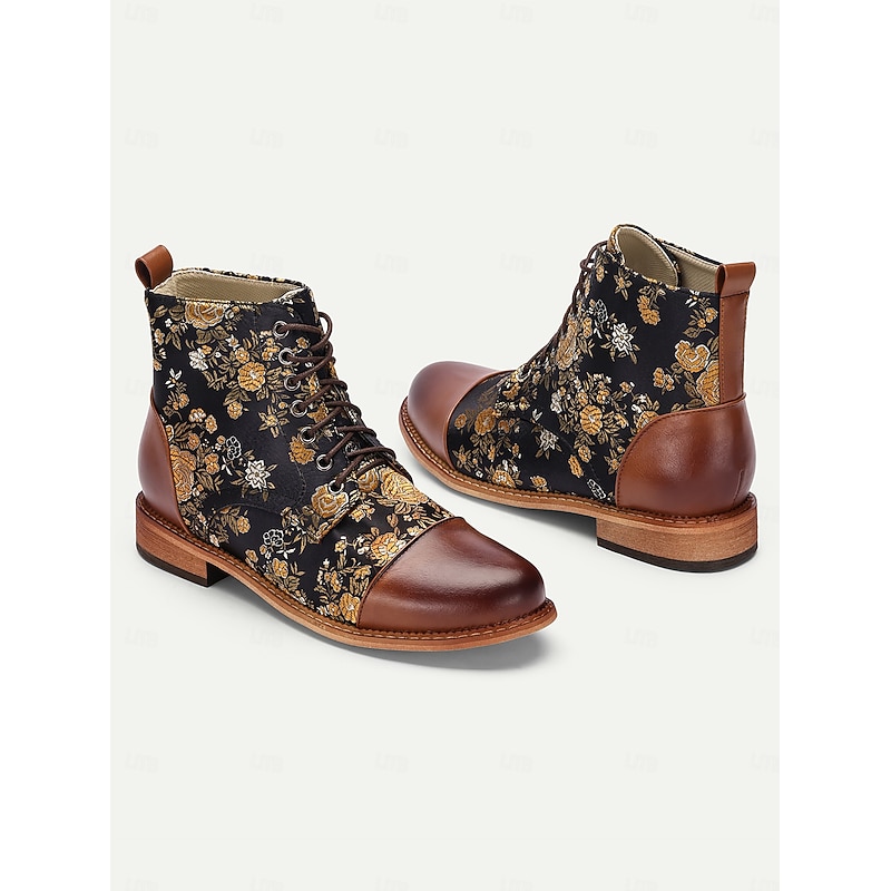 Women's Floral Print Lace-Up Ankle Boots – Retro Faux Leather and Jacquard Fabric Boots for Fall and Winter Casual Wear3