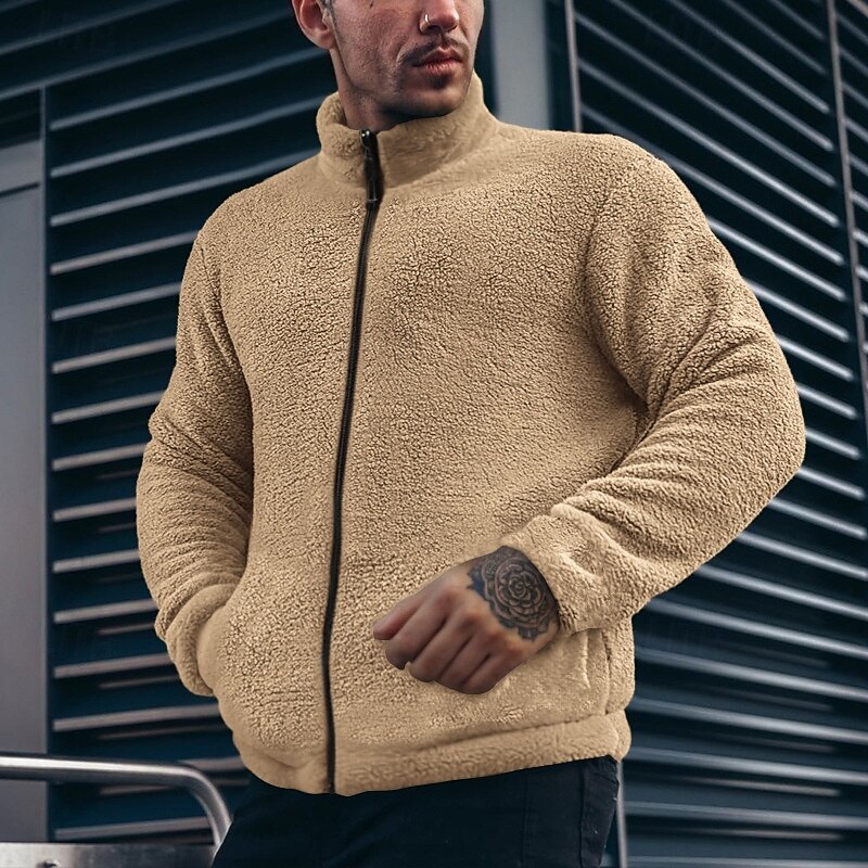 Men's Fleece Jacket Windbreaker Teddy Coat Formal Home Warm Pocket Full Zip Winter Spring &  Fall Solid Color Vintage Fashion Stand Collar Regular Black Brown Khaki Dark Blue Peacock Blue Jacket4