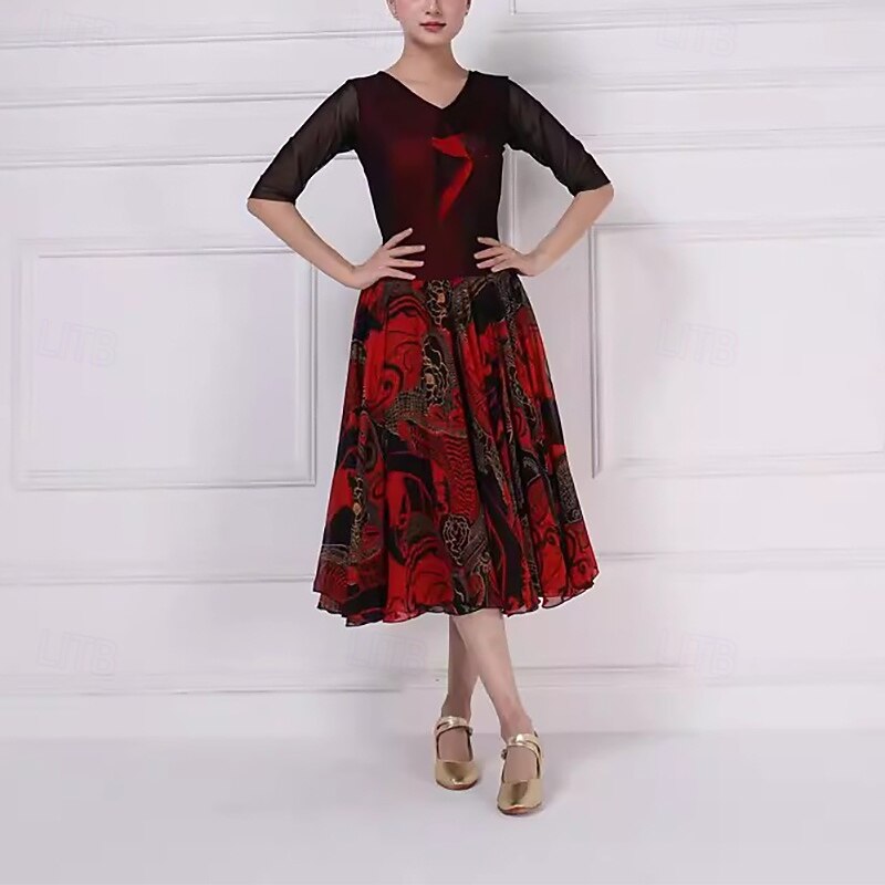 Ballroom Dance Dress Printing Splicing Women's Performance Party Half Sleeve Spandex Imitation Silk3