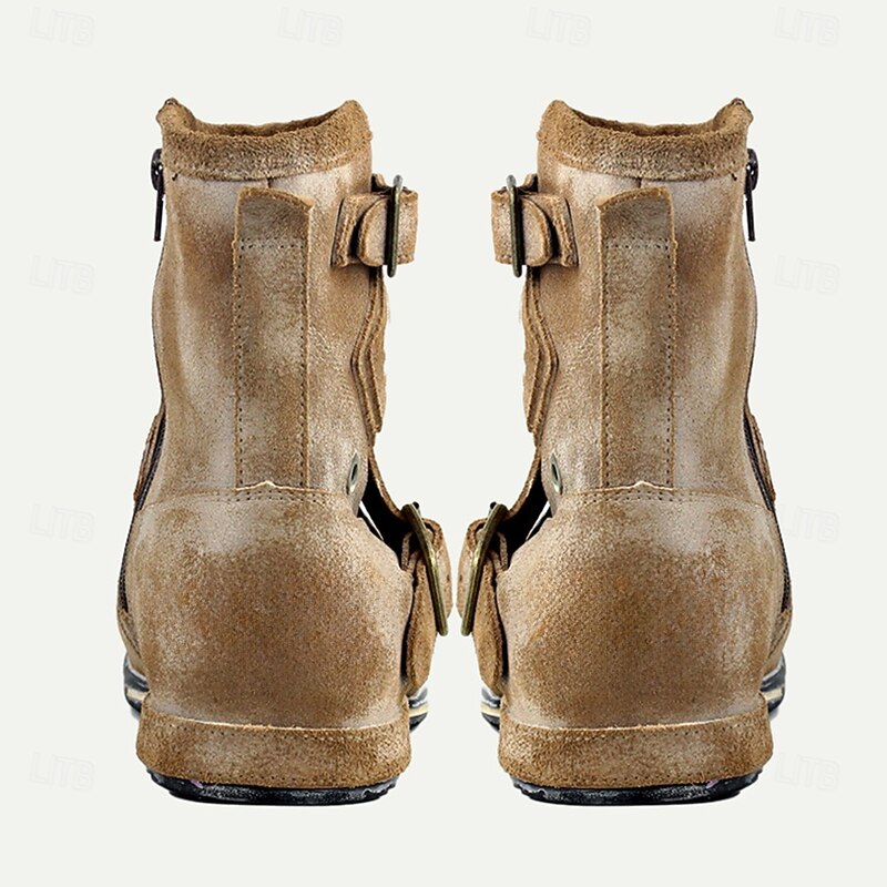 Men's Distressed Suede Leather Motorcycle Boots with Vintage Buckle Straps - Rugged Biker Style4