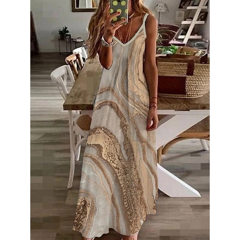 Women's Maxi Dress Casual Dress Sundress Floral Dress Basic Classic Casual Vacation Casual Daily Regular Fit Print Marble Sleeveless V Neck Khaki Light Blue Summer Spring3