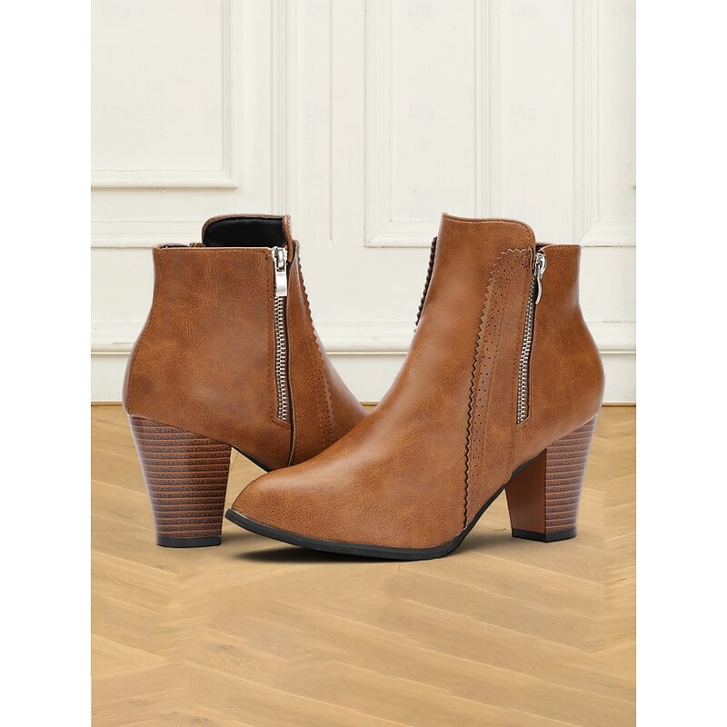 Women's Brown Faux Leather Ankle Boots with Side Zipper and Block Heel - Vintage Style for Casual and Dressy Occasions2