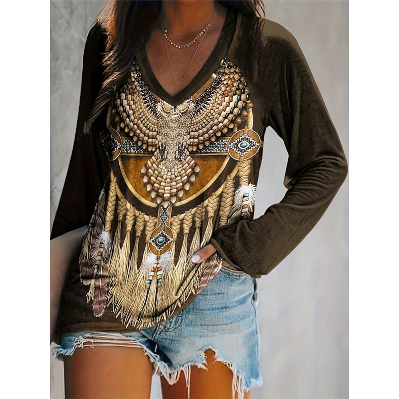 Women's T shirt Long Sleeve V Neck Long Sleeve Graphic Casual Vintage Print Regular Tops Vacation Weekend Army Green Gray Spring Fall Prefall
