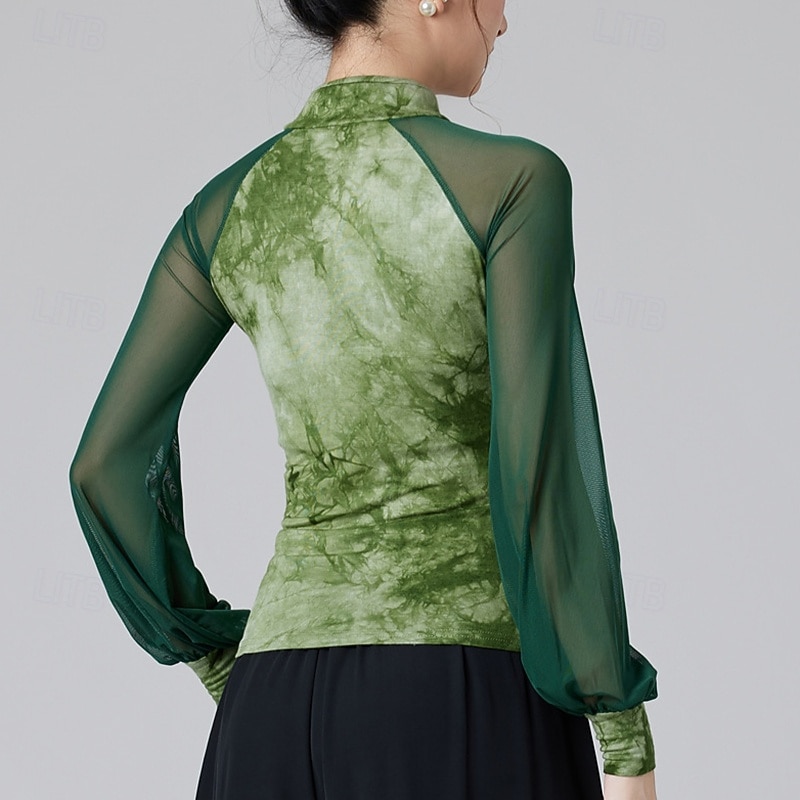 Latin Dance Top Printing Splicing Tulle Women's Performance Training Long Sleeve High Polyester2