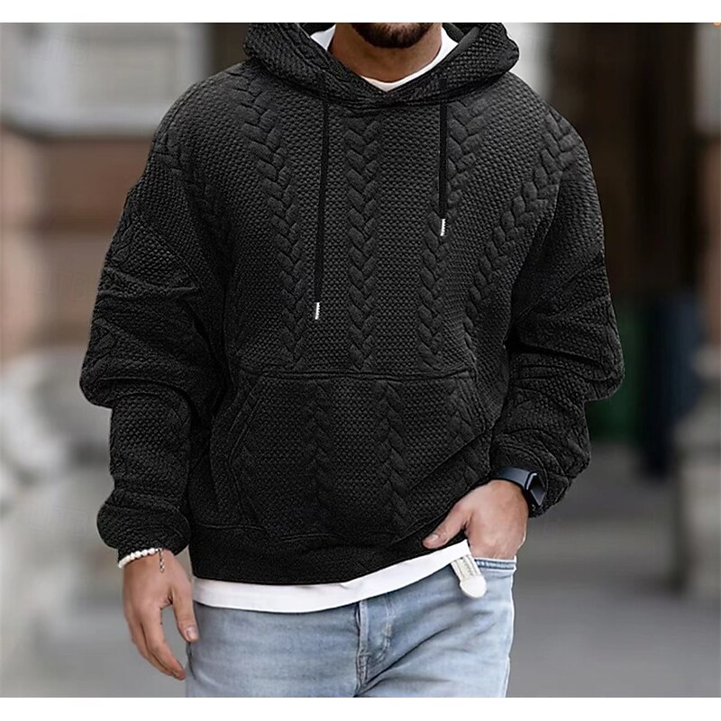Men's Hoodie Black White Blue Orange Gray Hooded Plain Jacquard Pocket Ribbed Textured Sports & Outdoor Daily Holiday Polyester Textured Streetwear Basic Casual Spring &  Fall Clothing Apparel Hoodies3