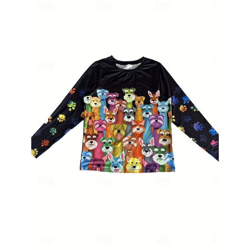 Women's T shirt Crew Neck Long Sleeve Tunic Casual Print Regular Tops Daily Black Spring Fall3