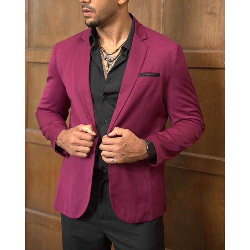 Men's Blazer Business Cocktail Party Wedding Party Fashion Casual Spring & Fall 65% Cotton Color Block Pocket Buttons Comfortable Single Breasted Blazer Burgundy4