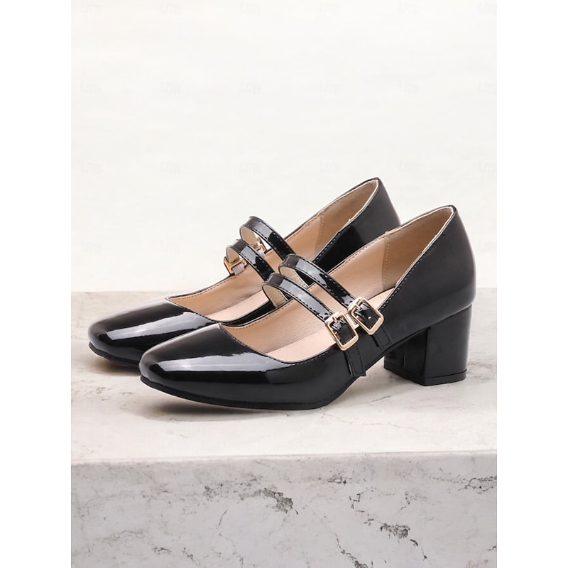 Women's Cream Patent Leather Mary Jane Block Heels with Double Buckle Straps, Vintage-Inspired for Formal and Casual Wear2