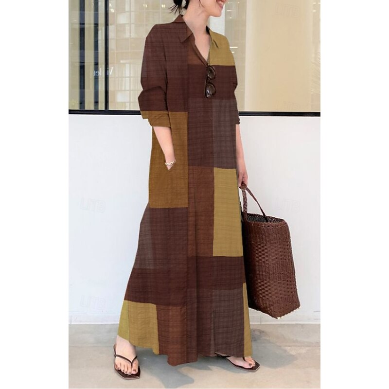 Women's Midi Dress Print Dress Plaid Basic Office Daily Weekend Print Long Sleeve Shirt Collar Dress Loose Fit Brown Spring Fall S M L XL XXL