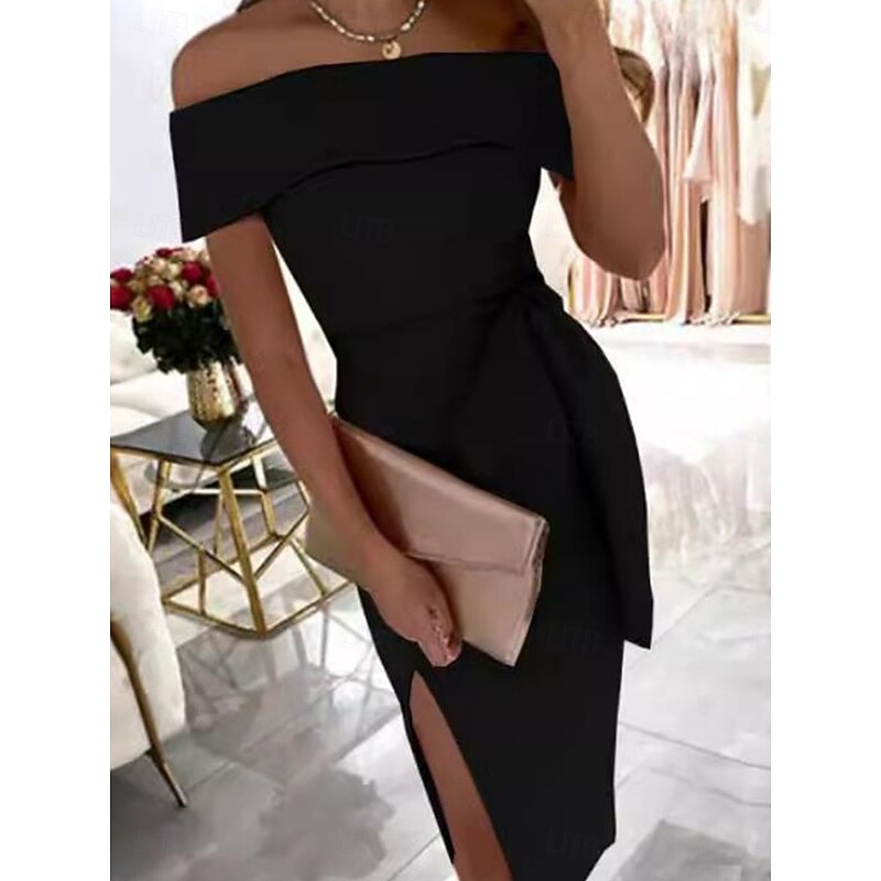 Women's Midi Dress Black Dress Graduation Dress Cocktail Dress Formal Dress Casual Street Date Regular Fit Plain Short Sleeve Off Shoulder Black Pink Red Summer Spring3