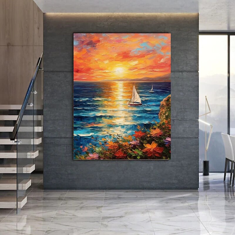 Handmade Oil PaintingCanvasWall Art DecorationAbstract Knife PaintingSea View Warm ColorsFor Home Decor Rolled Frameless Unstressed Painting2