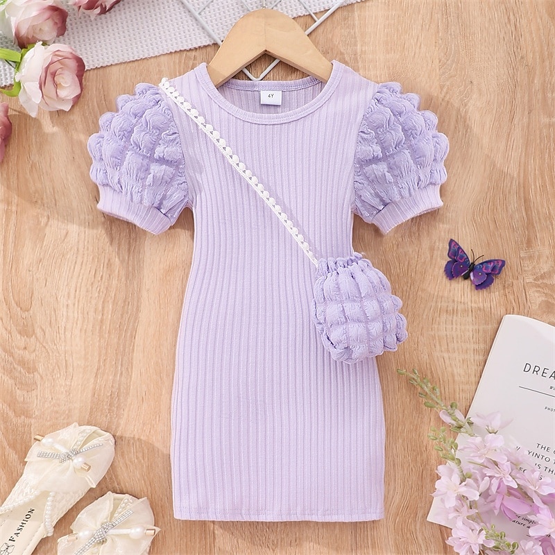 Girls' 3D Solid Color Dress Short Sleeve Summer Vacation Daily Holiday Princess Beautiful Sweet Little Kids(4-7ys) 4-7 Years Casual Dress A Line Dress Knee-length Regular Fit