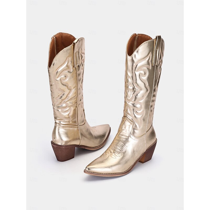 Women's Metallic Gold Western Cowboy Boots with Embroidered Details for Fashion and Casual Wear4