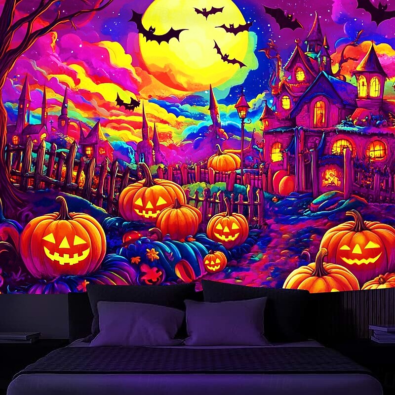 Halloween Decorations Blacklight Tapestry UV Reactive Glow in the Dark Glow Party Jack O Lantern Psychedelic Town Trippy Misty Hanging Tapestry Wall Art Mural for Living Room Bedroom