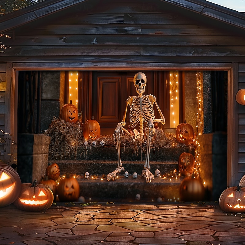 Halloween Door Decorations Outdoor Halloween Garage Door Cover Pumpkins Skull Banner Skeleton Outside Large Backdrop Decoration for Holiday Outdoor Garage Door Home Wall Decorations