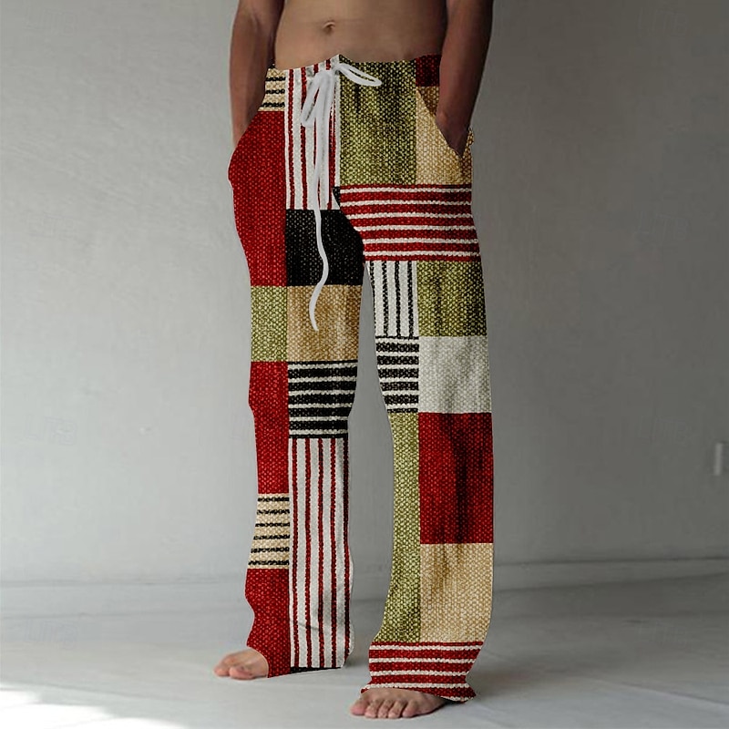 Men's Casual Pants Drawstring Pocket Straight Leg Geometric Color Block Patchwork Vacation Casual Pink Red Inelastic
