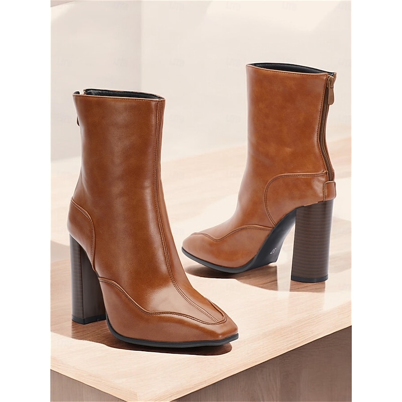 Elegant Brown Leather Ankle Boots with High Heel for Women, Perfect for Office Wear and Casual Outings