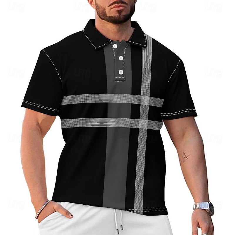 Stripes and Plaid Men's Casual Print Polo Set Casual Daily Wear 95% Polyester 5% Spandex Short Sleeve Turndown Polo Shirts Black Spring & Summer S M L Micro-elastic Lapel Polo2